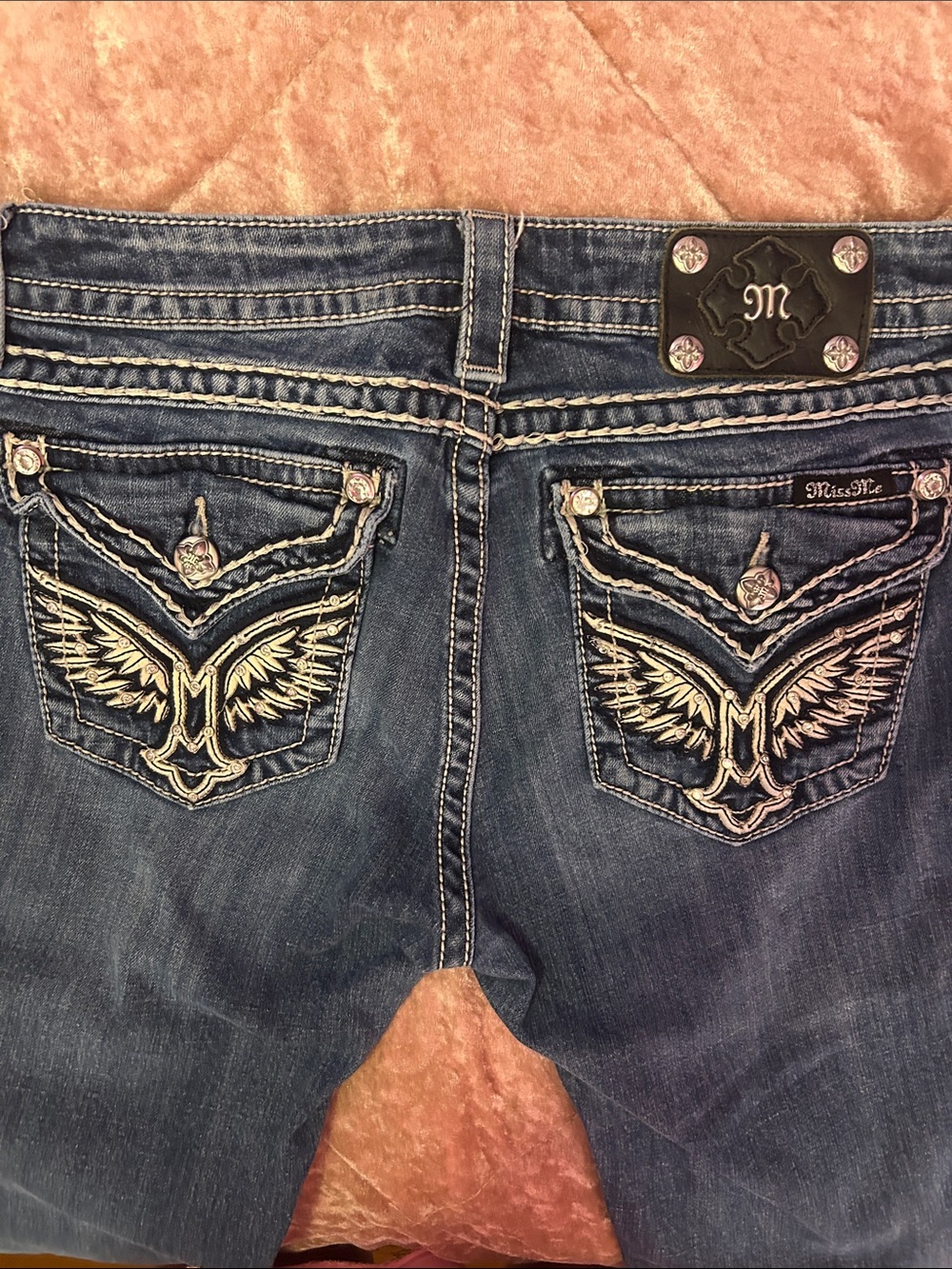 Miss Me Dark Blue Signature Skinny Jeans with Wing Embroidered Pockets